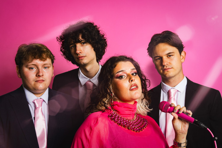 Blush Wedding Band Full Group Studio Portrait Pink Backdrop